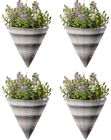 Garden Mile Garden Hanging Flower Basket 14'' Rattan Effect Cone Plant Holder Outdoor Plant Pot Planter with Hanging Chain Wicker Basket Planter Pre- Lined for Easy Planting (4)