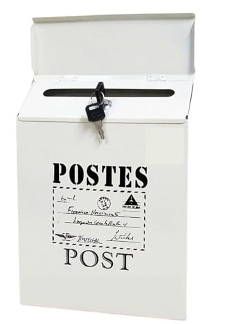 DSWMY Post Box Iron Suggestion Box Mailbox for Suggestions Rustic Style Wall Mounted Mailbox with Locking Secure Vibrant Color for American Letter Box(White a)