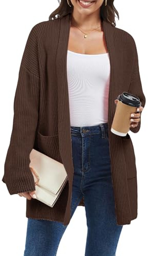 crazy bean Cardigan Donna Invernale Lungo Maglione con Tasche Lunga Lavorare in Maglia Aperto Giacca Elegante Marrone L