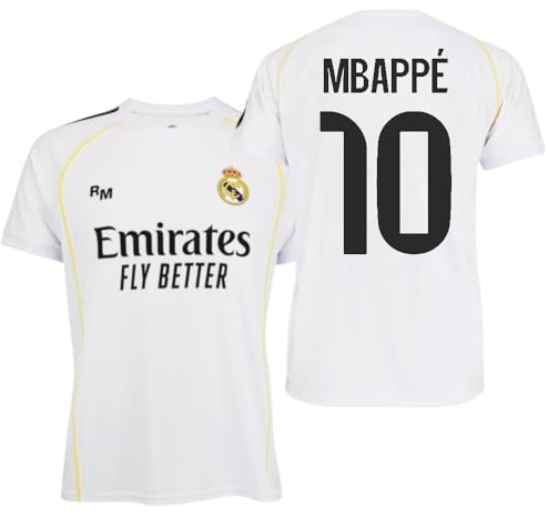 R.Madrid Camiseta 2025/26 Réplica Oficial - Equipo Masculino– KYLIAN MBAPPÉ – Primera Equipación – Unisex (FR/ES, Letras, L, Regular, Regular, Blanca)