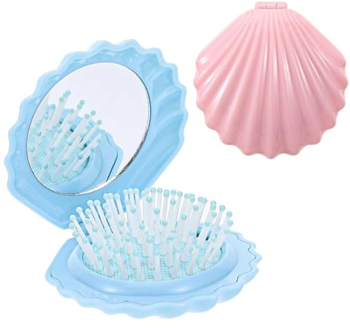 2Pcs Finish Foldable Travel Hair Brushes with Mirror Shell Shape Portable Folding Pocket Hair Brush Mini Hair Comb Compact Size Hair Massage Comb(Pink Blue)
