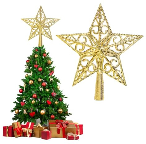 BUKCYUE Christbaumspitze Stern, Weihnachtsbaumspitzen Beleuchtete Bäume, Anhänger-Ornament Weihnachtsbaumspitze, Wird für Indoor- und Outdoor-Festivals, Partydekorationen verwendet, Golden