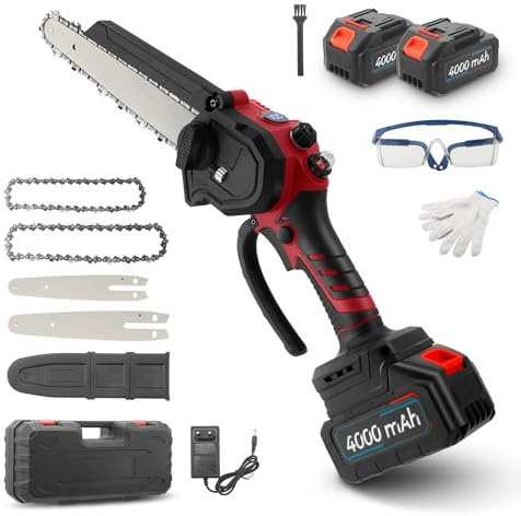 Haedswer Motosierra Mini a Batería con 2 x 4000 mAh, Motosierra Eléctrica Mini 8 y 6 Pulgadas con Lubricación Automática, Motosierra de Mano sin Escobillas para Poda y Corte de Madera