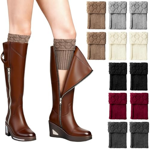 Behogan 6 Paare Stulpen Damen Kurz, Winter Stulpen Damen, Stulpene Kurz, Damens Beinstulpen, Abdeckung Winterwärmer (Schwarz, Cremeweiß, Hellgrau, Khaki, Burgunderrot, Dunkelgrau)