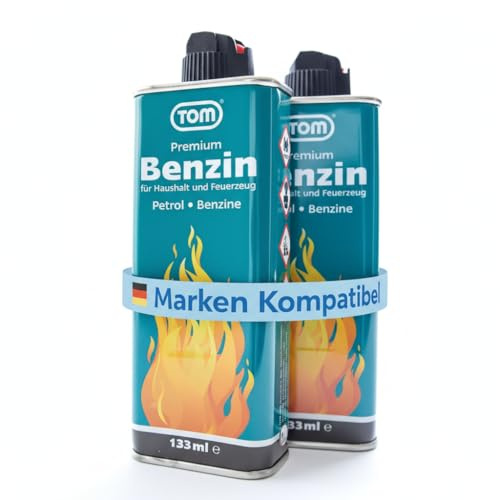TOM Feuerzeugbenzin Set 2x133 ml zum Nachfüllen | Benzin-Flaschen für Feuerzeuge, und Benzinkocher, auch als Waschbenzin verwendbar
