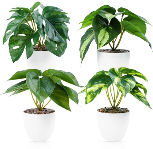 Koxtyzo 4 Stück Kunstpflanzen Wie Echt (18cm) im Topf, Kleine Künstliche Pflanzen, Plastik Pflanze, Fake Pflanzen Monstera für Wohnzimmer, Wohnzimmer, Badezimmer, Zimmer Deko
