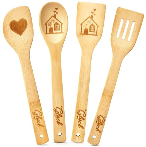 Geiserailie 4er Einweihungsgeschenk, Holz Küchenhelfer Set mit Herz Motiv, Holz Kochlöffel und Pfannenwender, Lustiges Neues Zuhause Geschenk zum Einzug Kochen Weihnachten Geburtstag für Frauen Männer