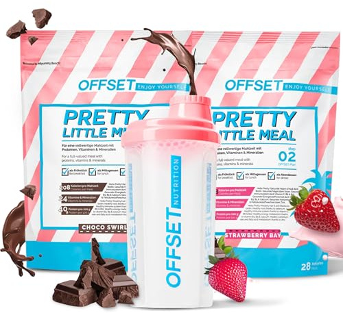 OFFSET Nutrition Abnehm Shake Strawberry & Choco [nur 208 KCAL pro Shake] mit Shaker - 28 Portionen | Mahlzeitersatz | Diät mit 24 Vitaminen & Mineralien | Glutenfreie Trinkmahlzeit