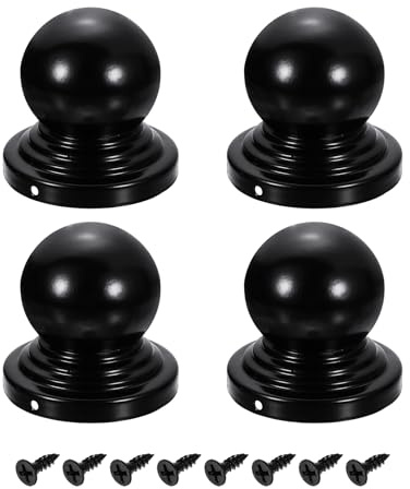 sourcing map 4Pcs Fence Post Caps, 90mm/3.54-inch Round Waterproof Ball Top Dome Iron Post Cap Cover with Screw Fit for Outdoor Metal Wood Fence Deck Mailbox Patio, Black
