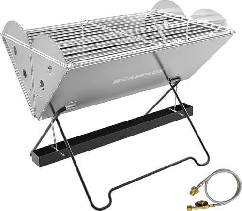 CAMPLUX FoldGo Parrilla Portátil 2 en 1 Gas Carbón Camping, FG14GS | 2 kW, Rejilla 34x25 cm con Bolsa de Transporte, Diseño Plegable Compacto, Ideal para Jardín, Balcón y Viajes