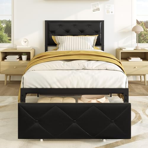 Vendricasa Struttura Letto Singolo, 90 x 200 cm, con stazione di ricarica e testa imbottita, struttura per letto con cestino, ruote in metallo, capacità di peso 300 kg