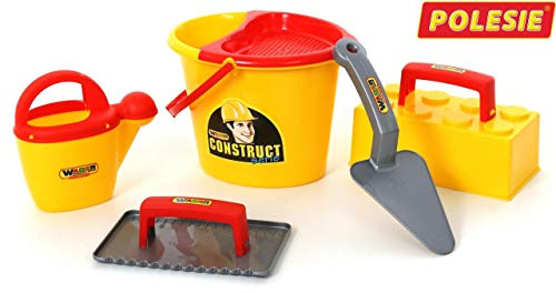 Wader Polesie Maurerset Nr. 3 – 6-teiliges Eimergarnitur-Set mit Maurerwerkzeug für Kinder I Robustes Kunststoffspielzeug für Drinnen und Draußen I Ab 1 Jahr