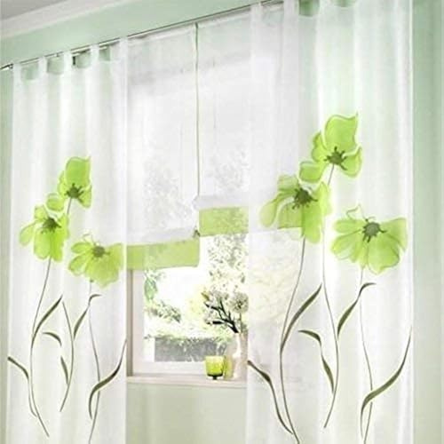 SIMPVALE 2 stücks Gardinenschal Gardine Print Blumen Vorhang für Wohnzimmer Schlafzimmer Schlaufenschal Breit 150cm (Höhe 175cm, Grün)