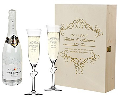 polar-effekt 2 Sektgläser mit weiße Herzen und Sekt-Flasche in Geschenkbox - Sektglas-Set Personalisiert mit Gravur - Hochzeit Geschenkidee - Motiv Ornamente