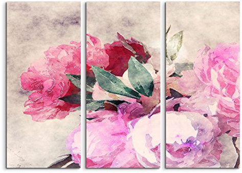 Leinwandbild 3 teilig je 40x90cm Bild – Rosen und Pfingstrosen in Wasserfarben Optik