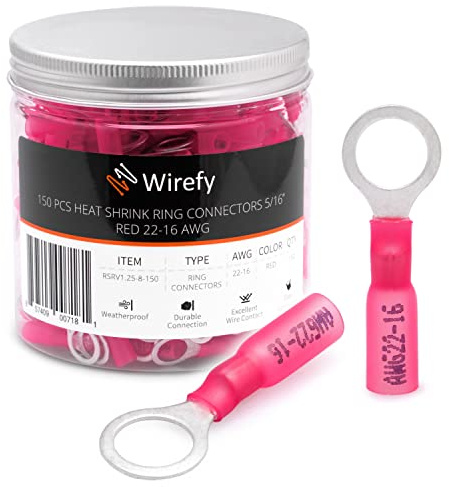 Wirefy Heat Shrink Ring Terminals 5/16 - Marine Grade Terminal Connectors - Waterproof Eyelet Wire Connectors - Red 22-16 AWG - 150 PCS