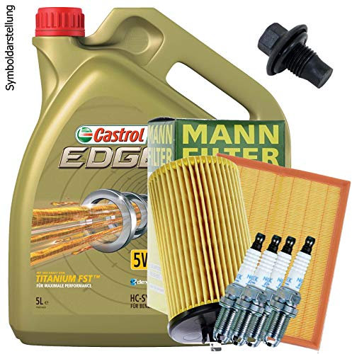Ölwechsel Set Inspektion Servicekit 5L Castrol Edge Titanium C3 5W-30 Motoröl + MANN Ölfilter + MANN Luftfilter + MANN Innenraumfilter + NGK Zündkerzen + Öl Ablassschraube Verschlussschraube