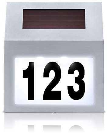 UISEBRT Numero civico a LED solare illuminato, in acciaio inox, con 2 LED per esterni, lampada solare con interruttore crepuscolare e pannello solare in silicio amorfo (argento)