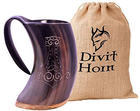 Boccale Vichingo in Corno Autentico Divit | Boccale con Coperchio per Birra Autentico e Medievale | capienza di 700 ml (24 oz) | Boccale in Corno della Migliore qualità (Mjolnir, Polished)