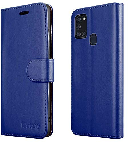 iCatchy For Samsung Galaxy A21s Case Leather Wallet Book Flip Folio Stand View Cover compatible with Samsung Galaxy A21s (6.5) Phone Case (Blue)