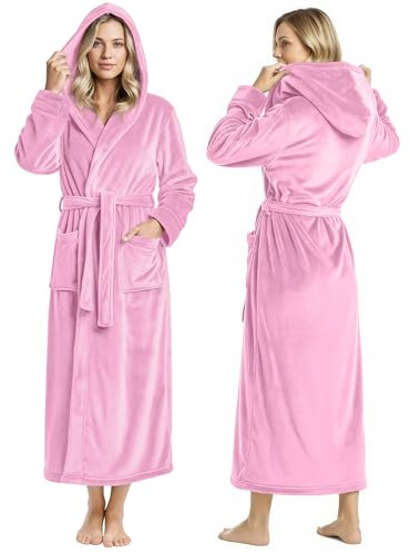 NY Threads Badrock med huva för kvinnor – plysch lång rock (medium, rosa)