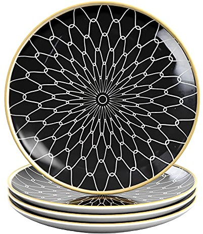 INTIRILIFE 4x Plato de porcelana en Conectado - Negro y Blanco - Diámetro 20.5 cm - Plato de desayuno, plato de postre, plato de servir para ensalada, fruta, pasta, postre, plato principal y snacks