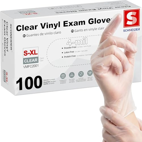 SCHNEIDER Clear Vinyl Exam Gloves, 4-mil, Medium 100-ct Box, Latex-Free, Disposable Gloves, Medical Gloves, Cleaning Gloves, Food Prep Gloves, Food Safe Rubber Gloves, Powder-Free, Non-Sterile