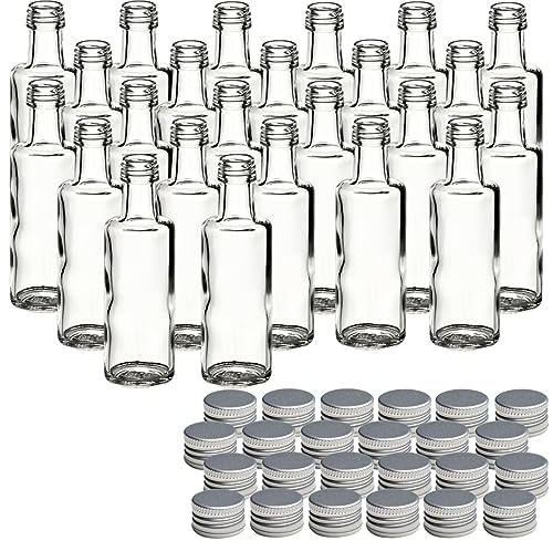 gouveo 24er Set Glasflaschen 40 ml Dorica mit Schraubverschluss silberfarben - Mini Flasche 0,04 l zum Befüllen - Glasfläschchen für Likör, Schnaps, Öl oder zum Basteln (DFT040S)