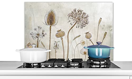 Credence Fleurs - Aquarelle - Nature morte - Brun - Vintage Fond de hotte 80x55 cm Credence aluminium Plaque inox de cuisine