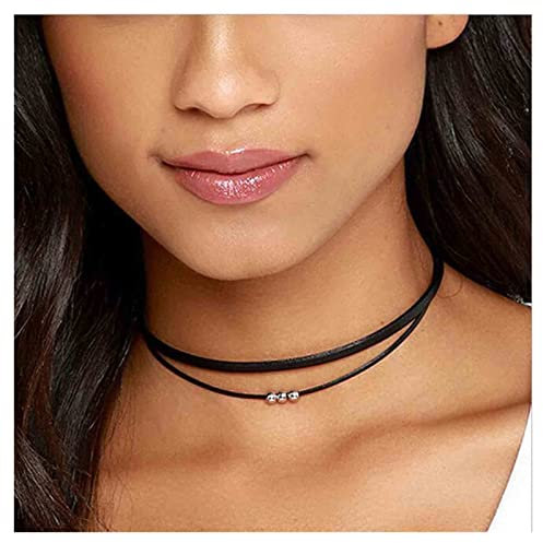 Aneneiceera Punk Layered Wildleder Choker Halskette Gothic Short Black Choker Halskette Vintage Leder Boho Halskette Silber Perlenkragen Halskette Schmuck für Frauen und Mädchen Geschenke (Silber)