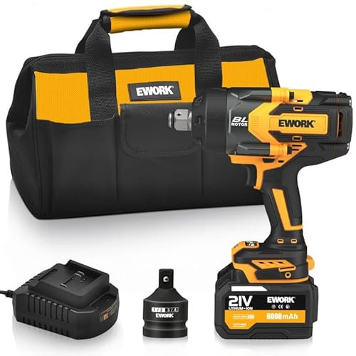 EWORK 3/4 Cordless Impact Wrench 21V Heavy Duty Max 1500 Ft-lbs, Brushless Motor, High Torque Impact Gun with 6.0Ah Li-ion Battery and Charger & 3/4 to 1/2 Inch Socket Adapter, Tool Bag