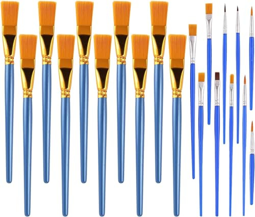 1 Zoll Flache Pinsel für Acrylmalerei, 10 Stück große synthetische Pinsel Bulk mit Holzgriff + 10 Stück Detailpinsel in verschiedenen Größen, für Acryl, Aquarell, Öl, Handwerk, Gesichtskörperkunst