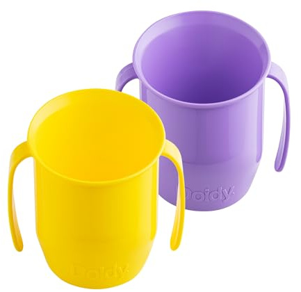 Doidy Cup, Open Cup for Training Baby 6 Months-3 Years, 200ml, Slanted Weaning Cup with Handles for Learning to Drink, BPA Free, 2 Pack (Lilac/Yellow)