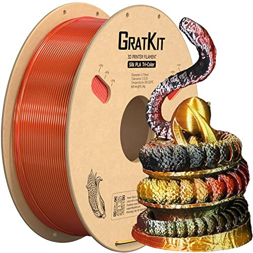 GratKit Tricolor Silk PLA Filament 1,75mm 1kg Spule, Dreifarbiges 3D-Drucker Filament mit +/-0,03mm Präzision, Einfach zu drucken, Schwarz Gold Und Rot