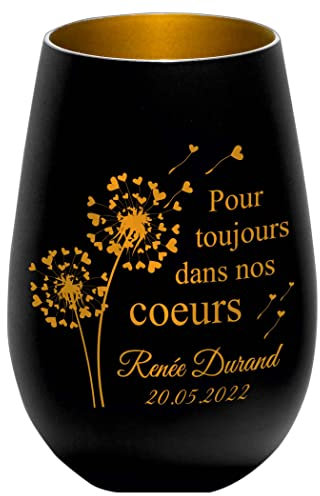 Photophore en Verre personnalisé - Nom et Date funéraire - Lumière de deuil - présent funéraire - Noir/Or - pour Toujours dans nos Coeurs - Lanterne présent funéraire -