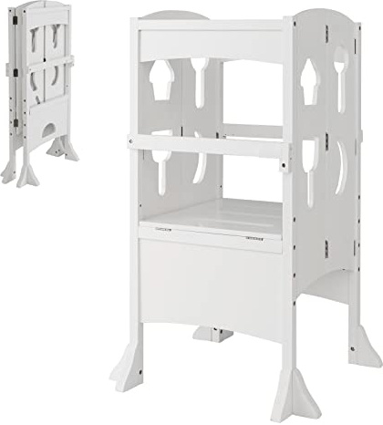 COSTWAY Folding Kids Step Stool, Height Adjustable Toddler Kitchen Helper with Safety Latches and Protective Rail, Wooden Standing Learning Tower for Boys Girls (White)