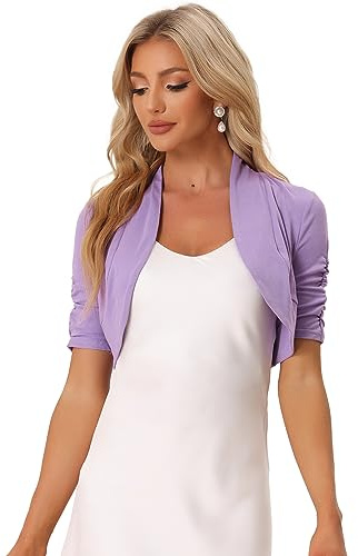 Allegra K Short Sleeve Shrugs for Women Ruched Sleeve Crop Bolero Cardigan | Open Front, Wedding, Semi Formal, Elegant, Cover Up for Dress