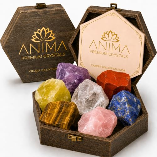 ANIMA Coffret 7 Chakras en Pierres Précieuses pour Équilibre Énergétique – Cristaux Naturels Bruts : Améthyste, Quartz Rose, Citrine, Lapis-Lazuli, Quartz Clair, Œil de Tigre – Boîte Cadeau en Bois