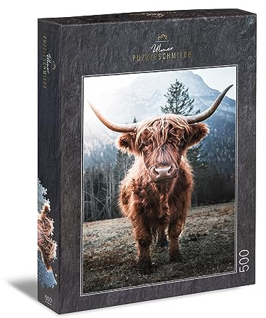 Ulmer Puzzleschmiede - Tier-Puzzle „Hochland“– Klassisches 500 Teile Puzzle – Puzzlemotiv vom kraftvollen Hochland-Rind auf der Kuh-Weide vor frostiger Alpen-Kulisse