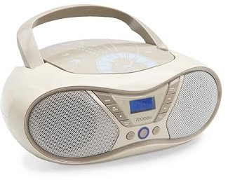Mooov 477403 - Reproductor de CD portátil, Lector CD Audio CD-R/CD-RW/CD-MP3, Radio FM, Puerto USB, Sonido estéreo de 6W, asa ergonómica, Funciona con Corriente o con Pilas, Soft Grey