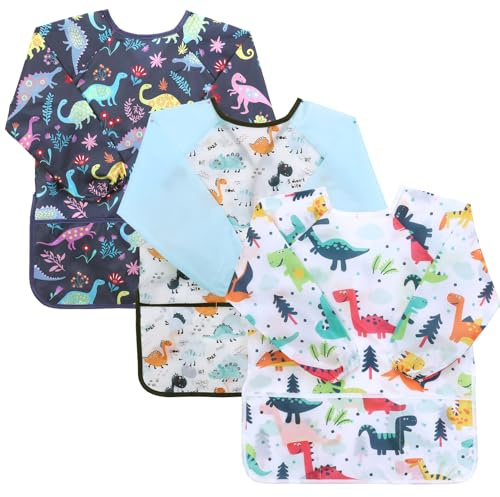Zuimei 3 Pack Kids Painting Apron 2-8 Kids Apron Long Sleeve With 3 Pockets