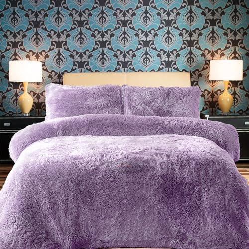 PARADISE STAR Teddy-Fleece-Bettwäsche-Set mit passendem Kissenbezug, flauschig, warm und gemütlich, lila, Einzelbett, ca. 135 cm x 200 cm