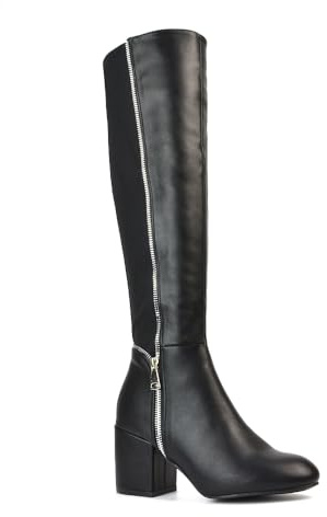 ESSEX GLAM Womens Over Knee Boots Ladies Low Block Heel Deco Zip Black Synthetic Leather Stretch Shoe Boot Size 6