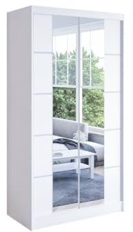 Easy4You N5 100 cm Weiß Schiebetüren Kleiderschrank 100x200x58 cm mit Spiegel - Schlafzimmermöbel, Aufbewahrung - Mehrzweckschrank