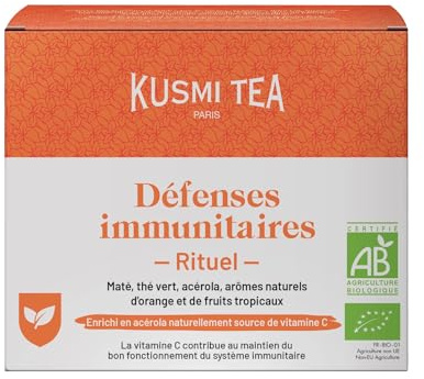 Kusmi Tea - Rituale di difesa immunitaria - Tè verde, Maté biologico arricchito con vitamina C - Acerola, aroma naturale di arancia e frutta tropicale - Confezione da 100 g