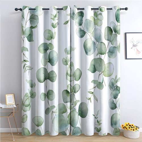THYUNQ Vorhänge Eukalyptus Blätter Motiv, Vorhang Blickdicht Verdunklungsvorhänge Thermovorhang mit Ösen, Gardinen Wohnzimmer Schlafzimmer Fenster, 2er Set Curtains, H 166 x B 75 cm