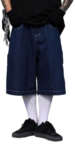 ORANDESIGNE Jeans Cargo Noir Homme Casual Denim Shorts Jorts Y2K Baggy Men Hipster 3/4 Skateboard Jeans Retro Hip Hop Streetwear Pantalon Ample Homme A Bleu XL