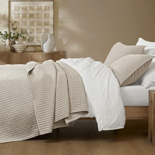 Wonderful 100% Cotton Jersey Knit Quilt Set - Breathable & Hypoallergenic Lightweight Apricot Beige Quilt Queen, 3 Piece Rice Stitched All-Season Use Blanket Bedspread & Coverlet Bedding Set, 94x94