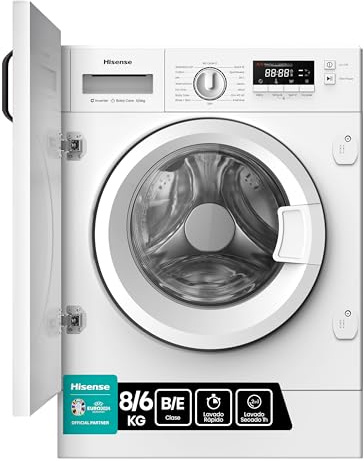 Hisense WD3M841BWIES - Lavasecadora, Clase E/B, 8kg/6 kg, Lavado Secado 1h, Pausar y Añadir, Finalización Diferida, Tecnología Inverter, Blanco