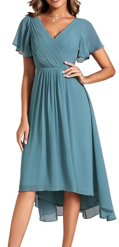 Ever-Pretty Damen Sommer Chiffon Plissee V-Ausschnitt Kurz Hochzeit Gäste Kleid mit Rüschen Ärmel 01923